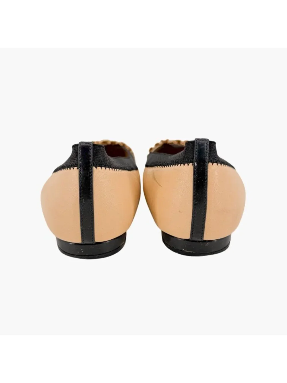 Chanel CC Cap Toe Ballet Flats Beige Black Leather Ruffle Size 39.5 US 8.5-9